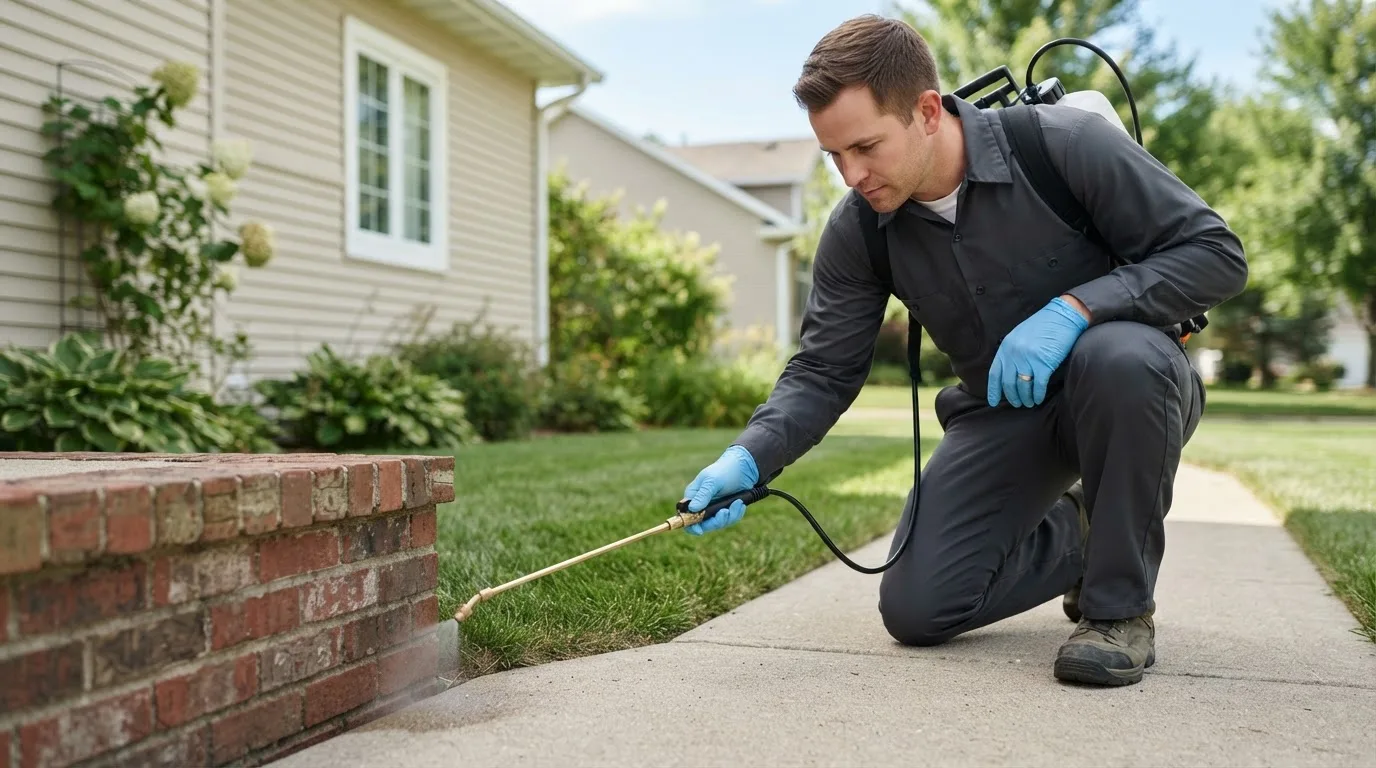 Pest control technician treating a home near Conover, OH