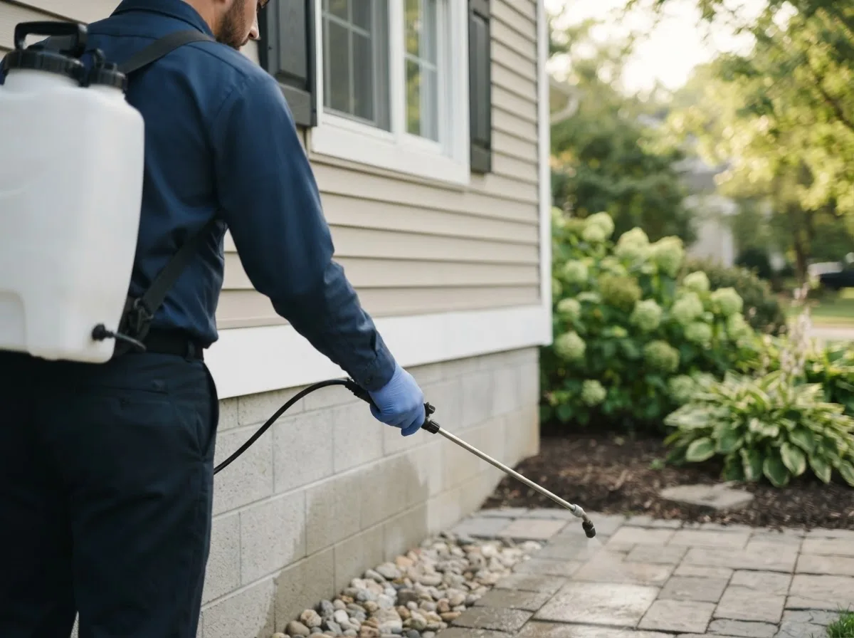 Pest control technician inspecting a home in Conover, OH